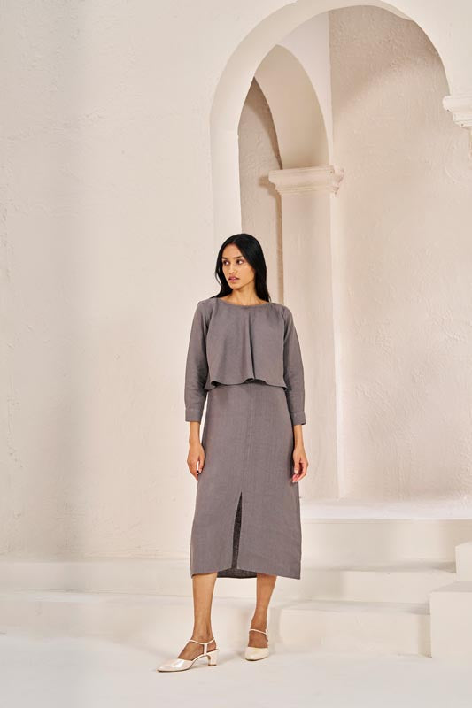 2 Layer Front Slit Dress Stone Grey - Chi Linen