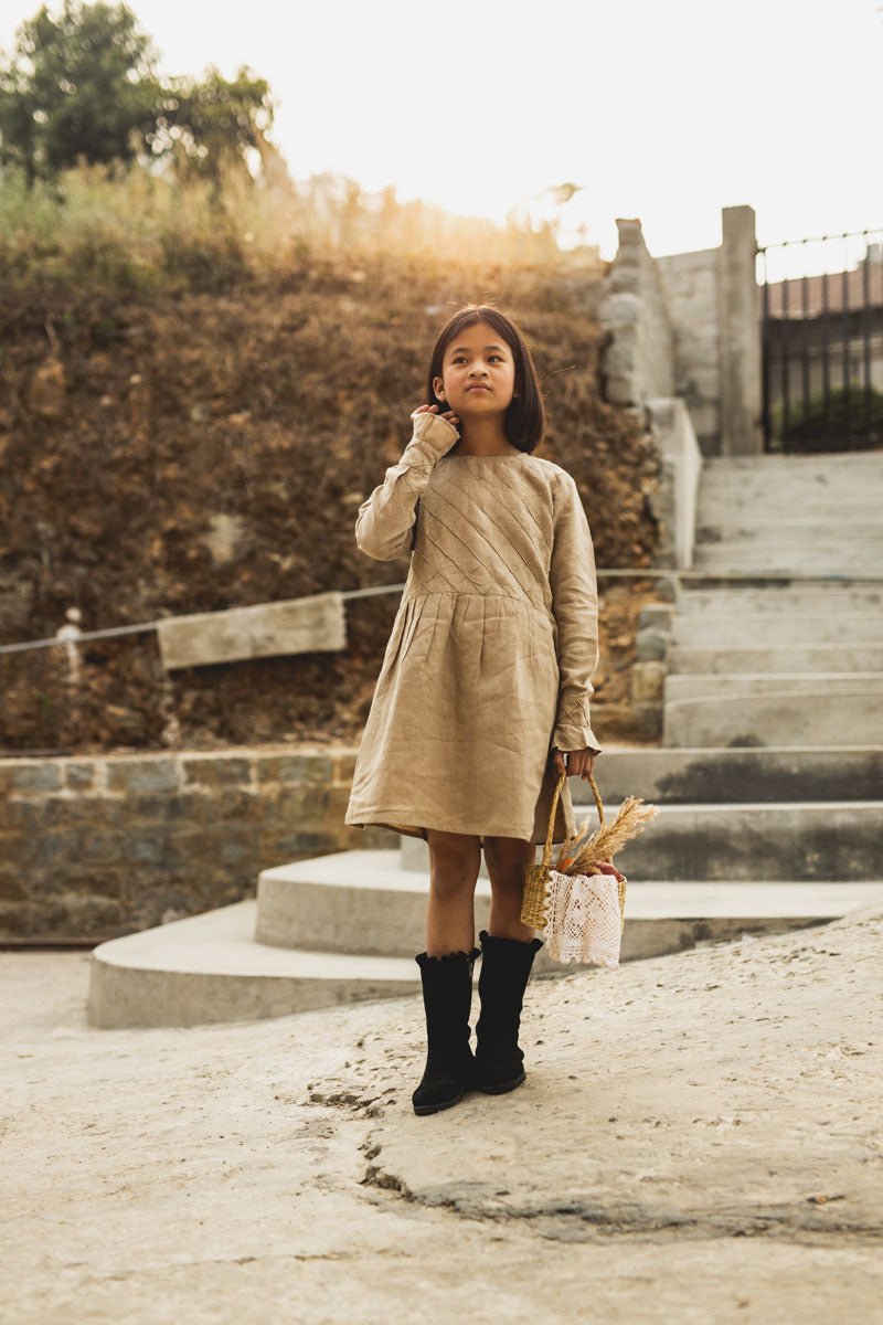 Pleated checks frock - Chi Linen