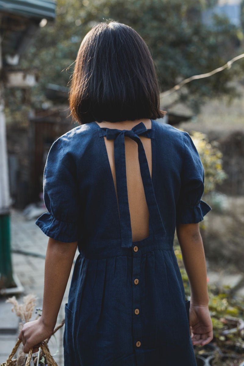 Puff sleeve back opening frock - Chi Linen