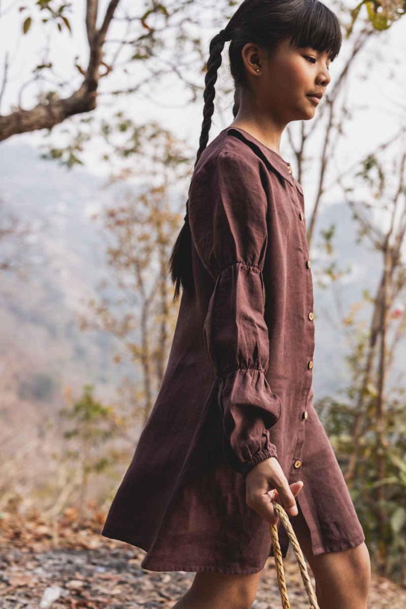 Pointed collar puff sleeve frock - Chi Linen