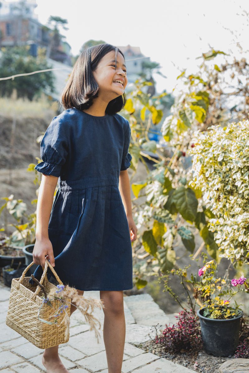 Puff sleeve back opening frock - Chi Linen