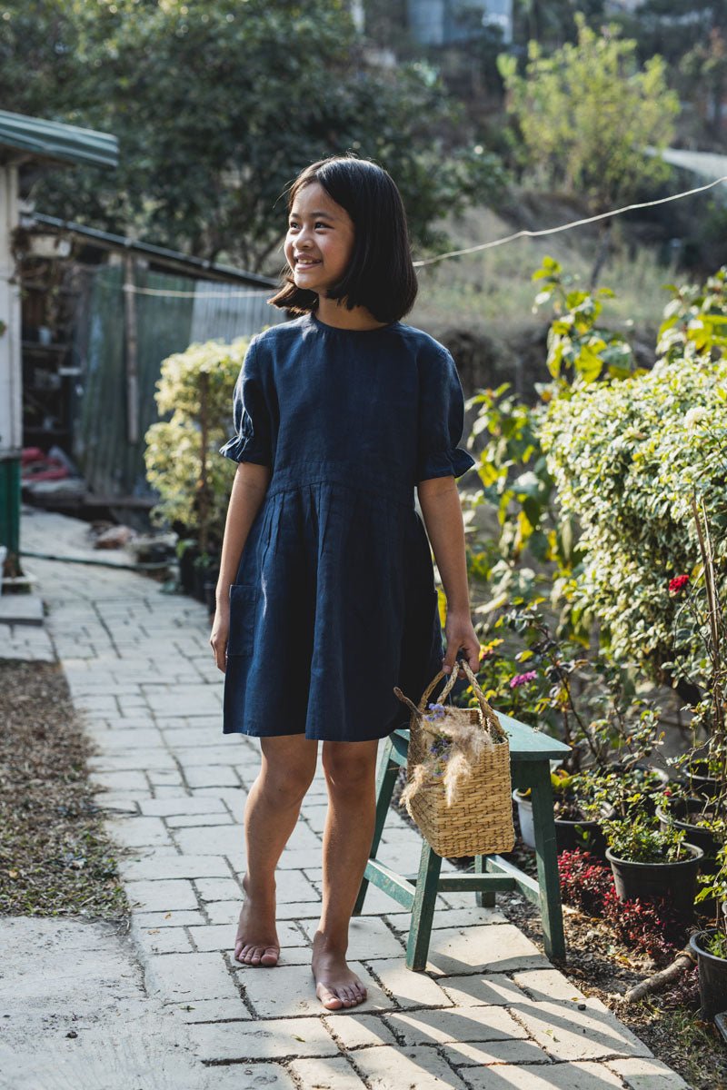Puff sleeve back opening frock - Chi Linen