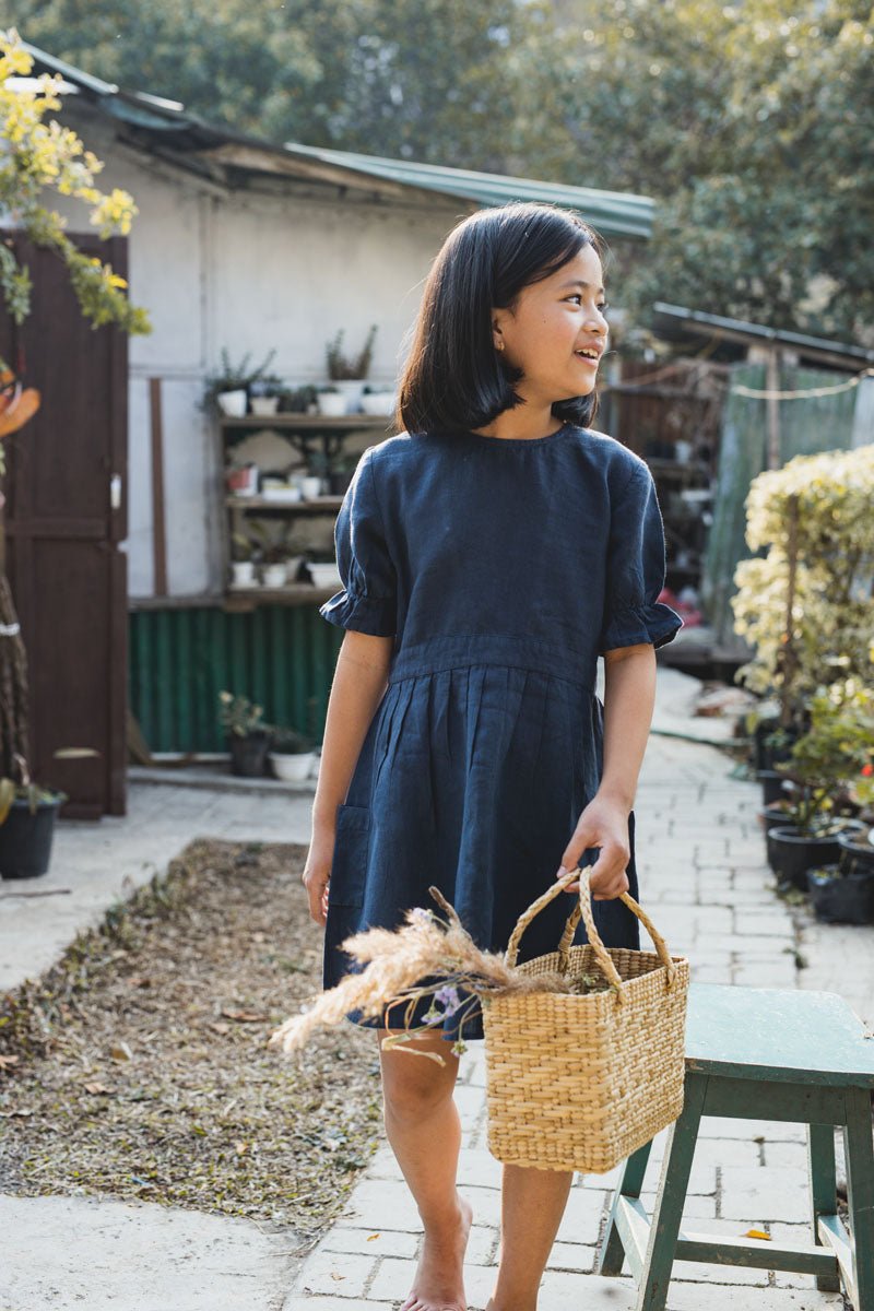 Puff sleeve back opening frock - Chi Linen