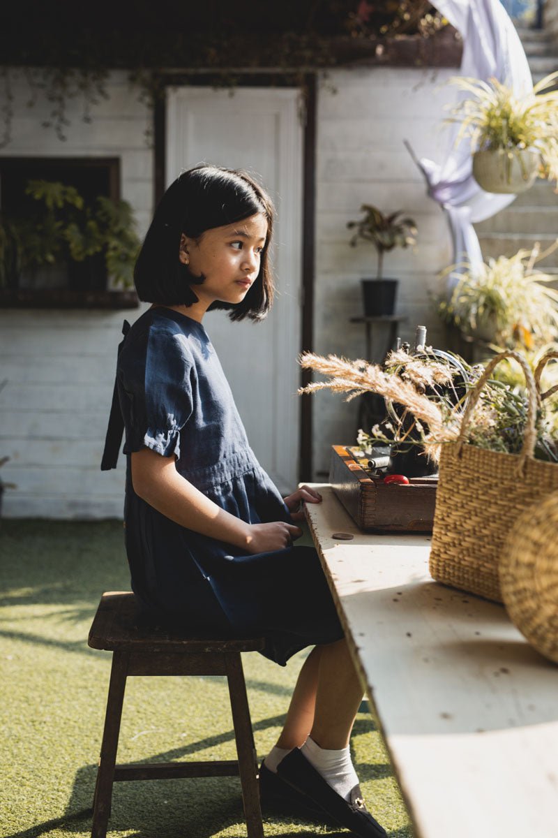 Puff sleeve back opening frock - Chi Linen