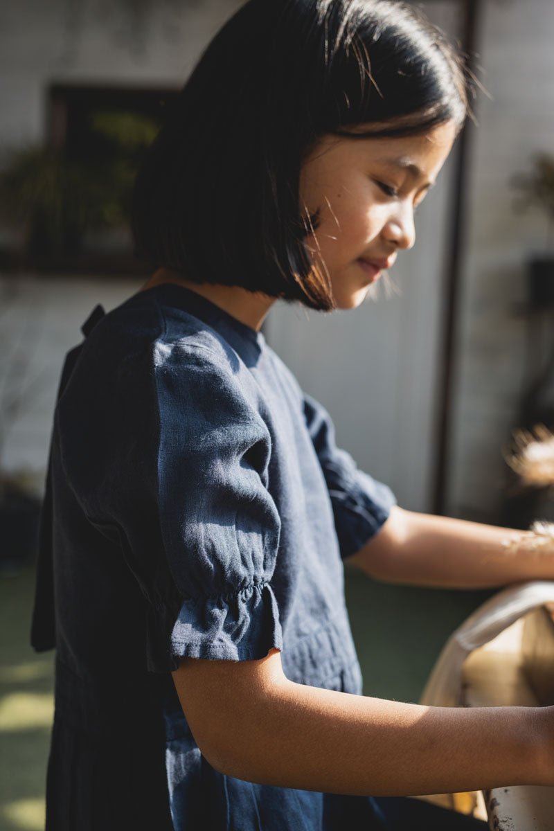 Puff sleeve back opening frock - Chi Linen