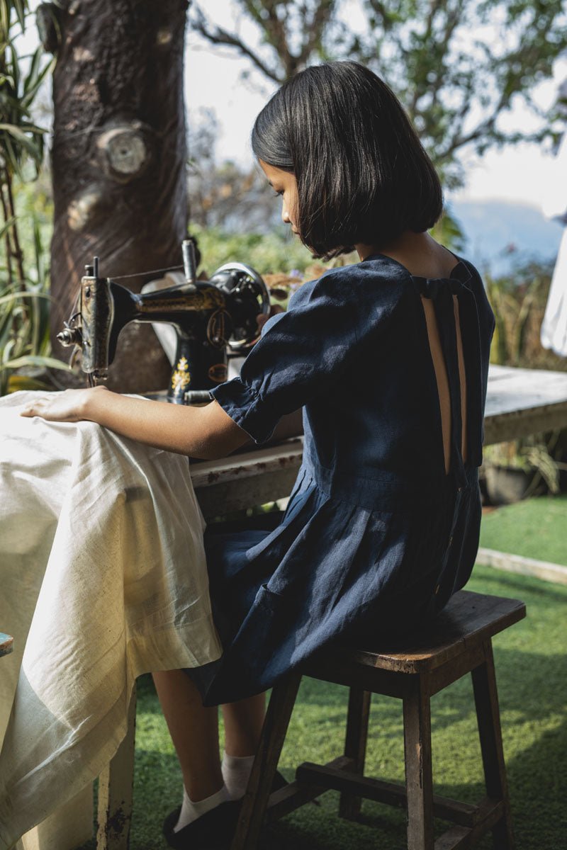 Puff sleeve back opening frock - Chi Linen