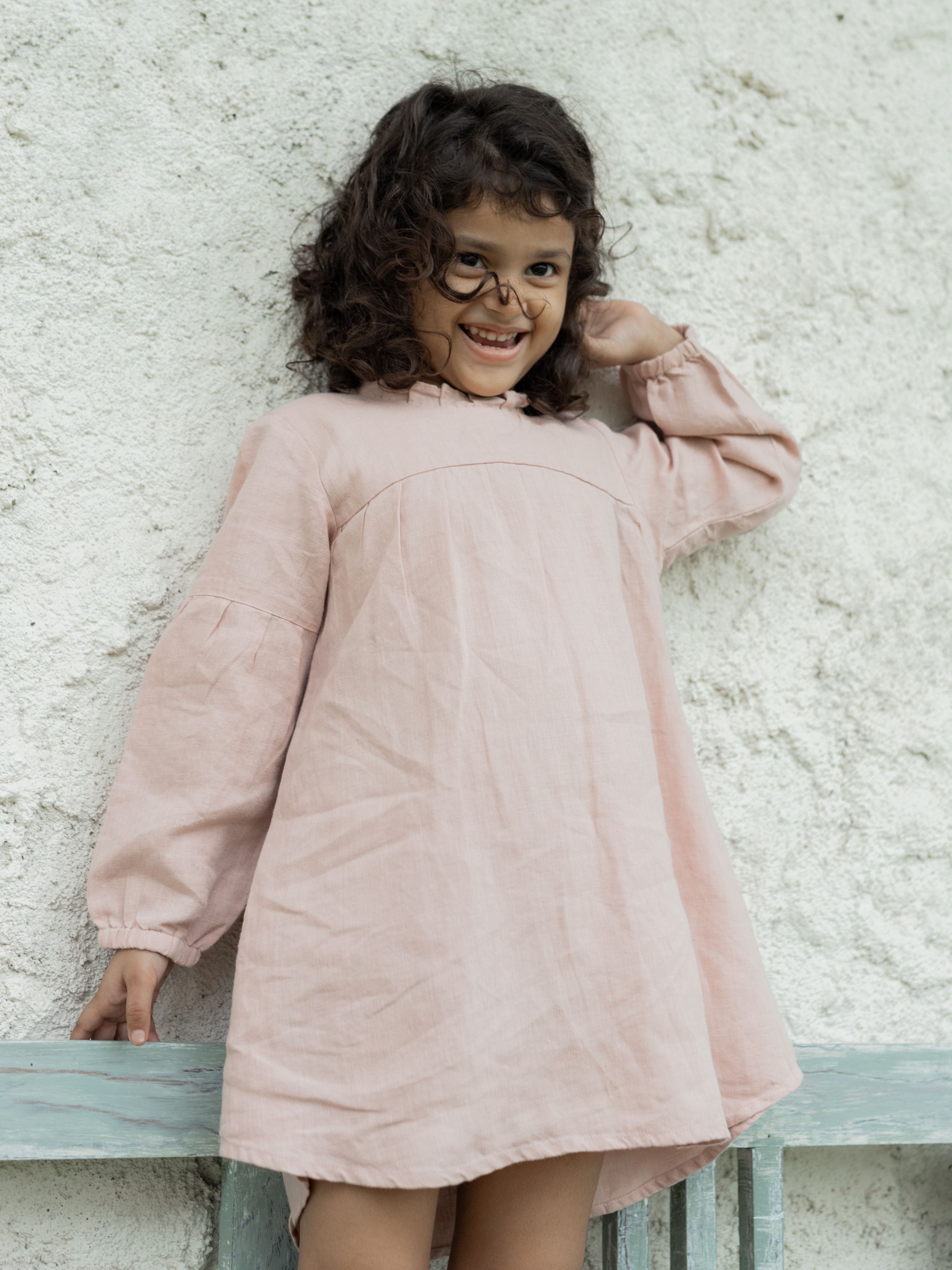 Long Sleeve Tie Back Linen Frock - Chi Linen