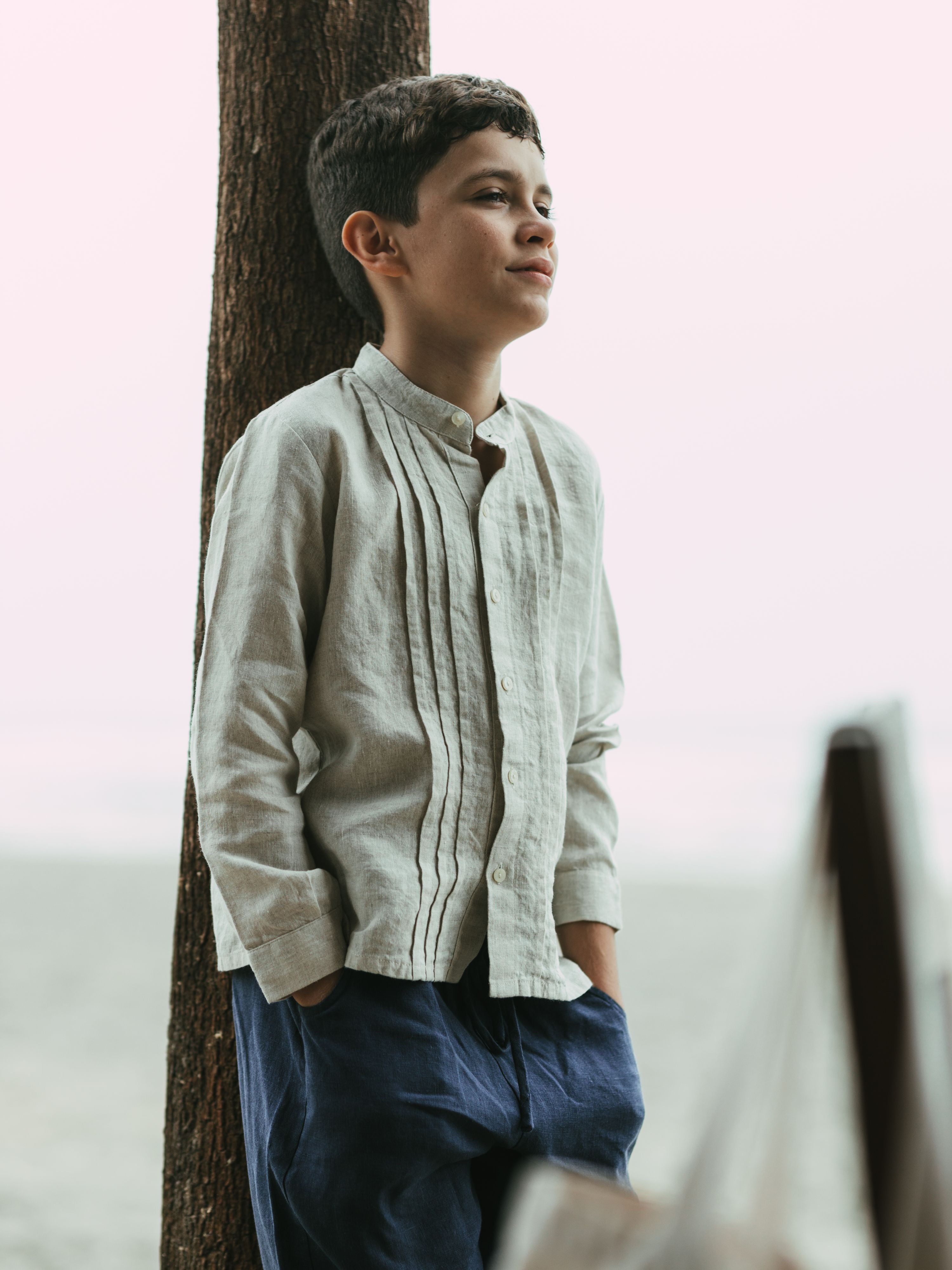 Long Sleeve Band Linen Shirt - Chi Linen
