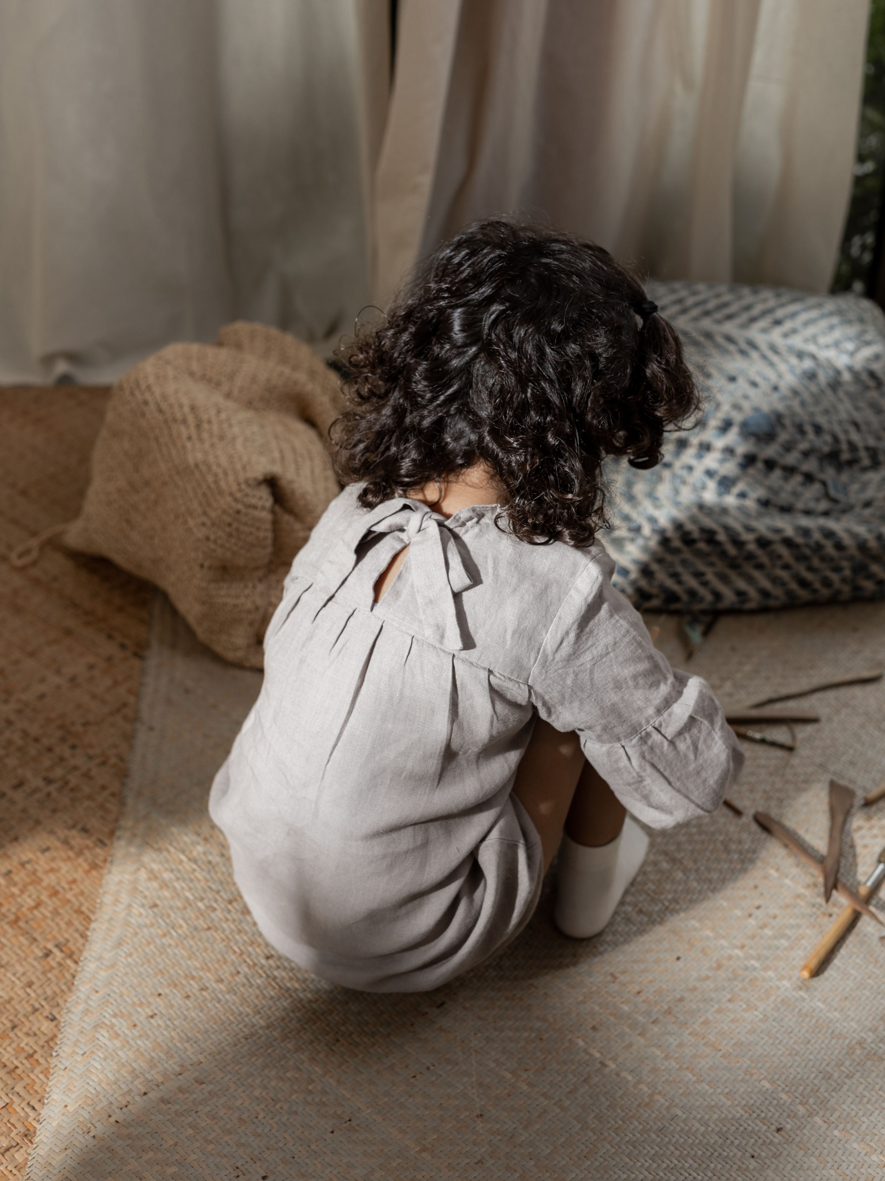 Long Sleeve Tie Back Linen Frock - Chi Linen