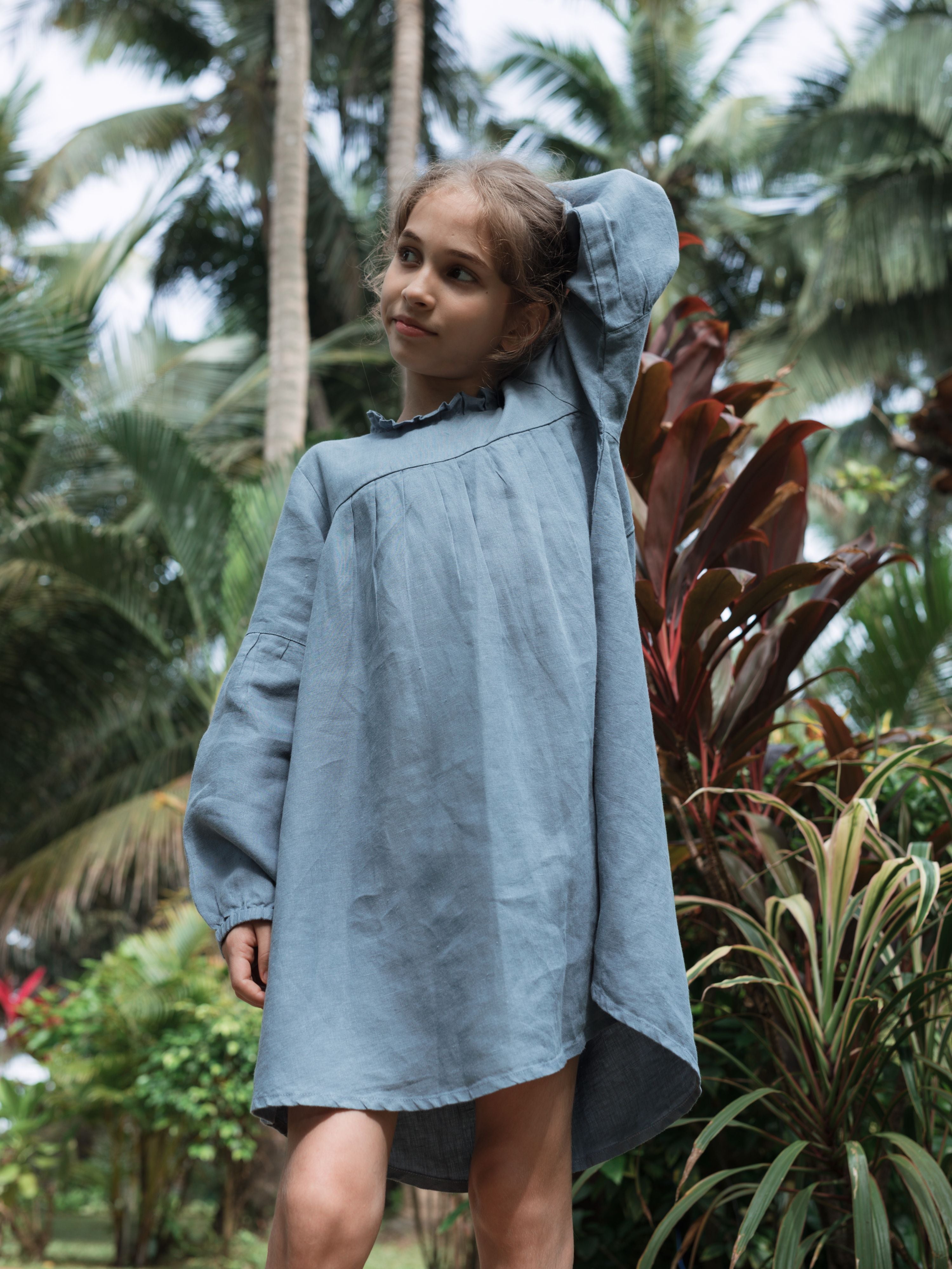 Long Sleeve Tie Back Linen Frock - Chi Linen