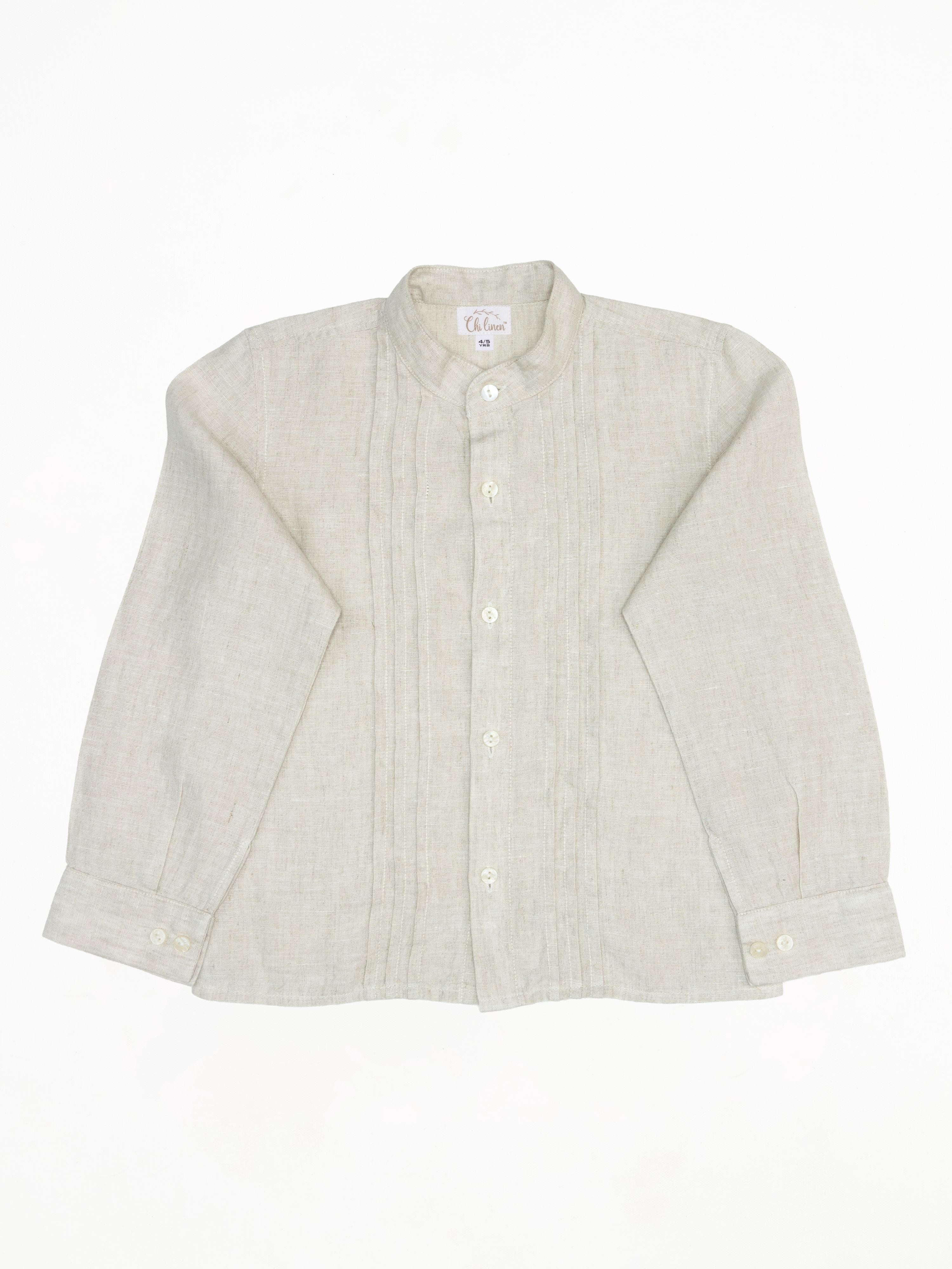 Long Sleeve Band Linen Shirt - Chi Linen